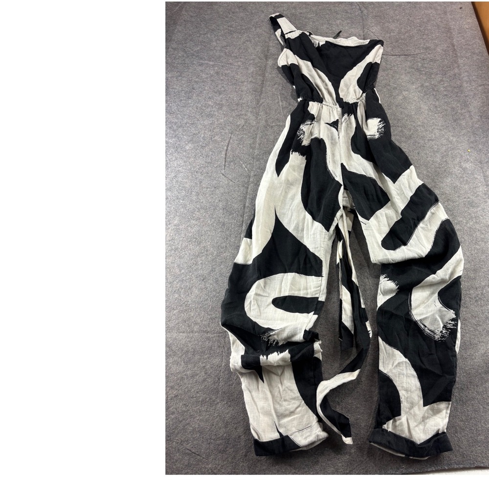 Anthropologie Linen Blend One Shoulder Abstract Print Jumpsuit Black White XS